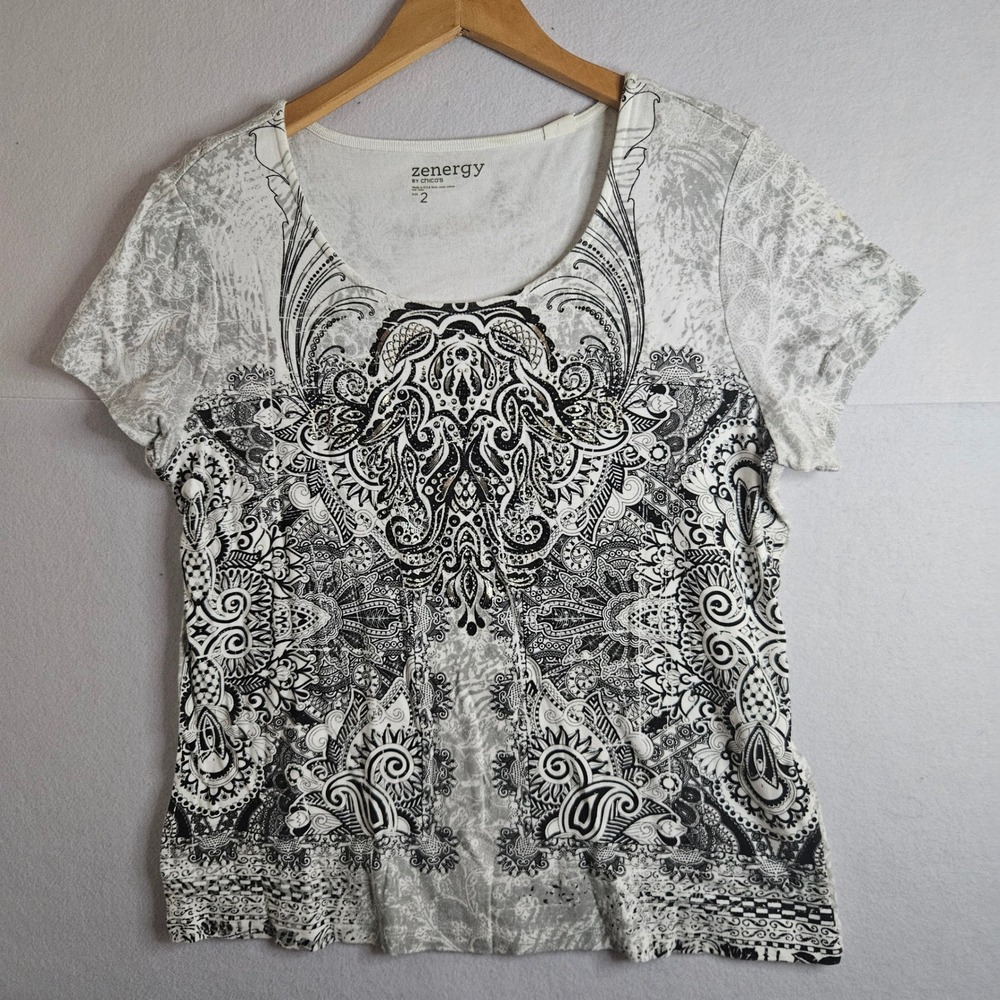 Zenergy by Chicos Womens Black White Paisley Graphic Cotton T-Shirt Size 2 Large